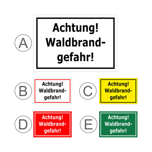 Übersichtsbild Schild Achtung Waldbrandgefahr mit allen verfügbaren Farb- und Materialvarianten