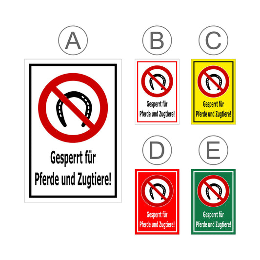 Übersichtsbild Schild Gesperrt für Pferde und Zugtiere ‚Gesperrt für Pferde und Zugtiere!‘ mit allen verfügbaren Farb- und Materialvarianten