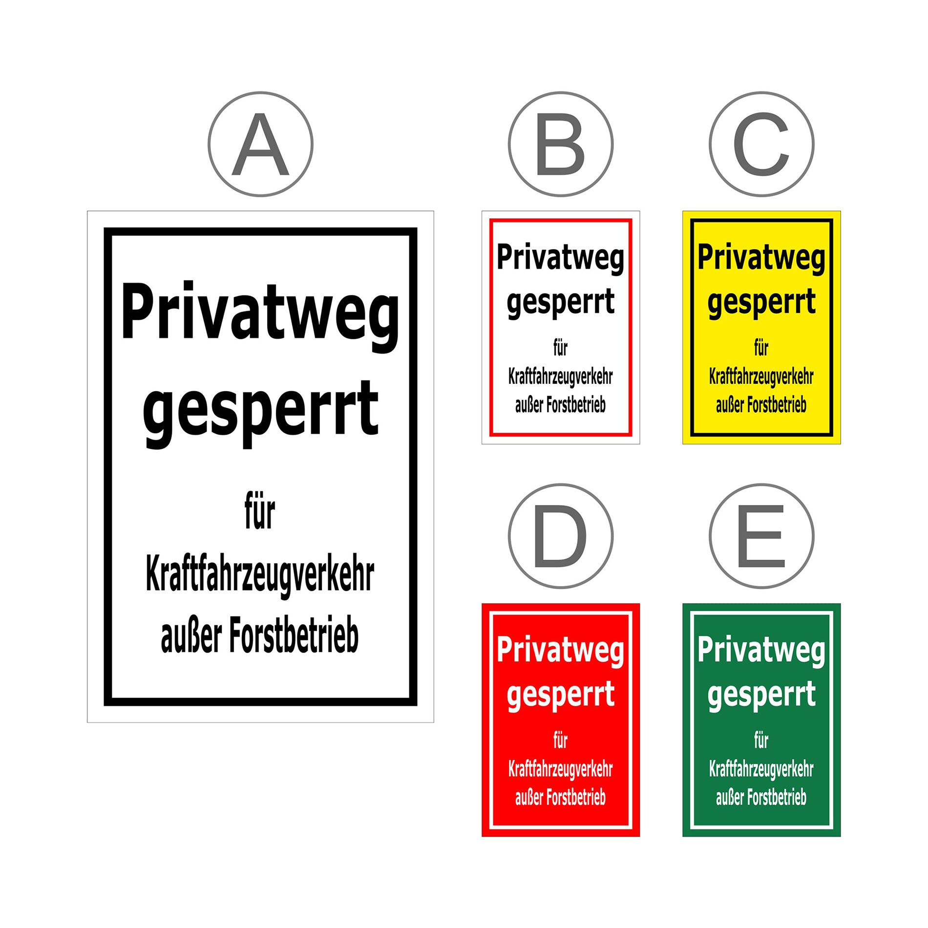 Übersichtsbild Schild Privatweg gesperrt – Kraftfahrzeugverkehr außer Forstbetrieb mit allen verfügbaren Farb- und Materialvarianten