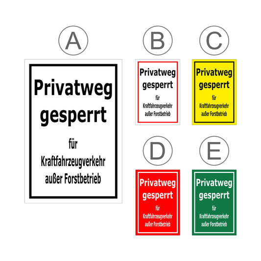 Übersichtsbild Schild Privatweg gesperrt – Kraftfahrzeugverkehr außer Forstbetrieb mit allen verfügbaren Farb- und Materialvarianten