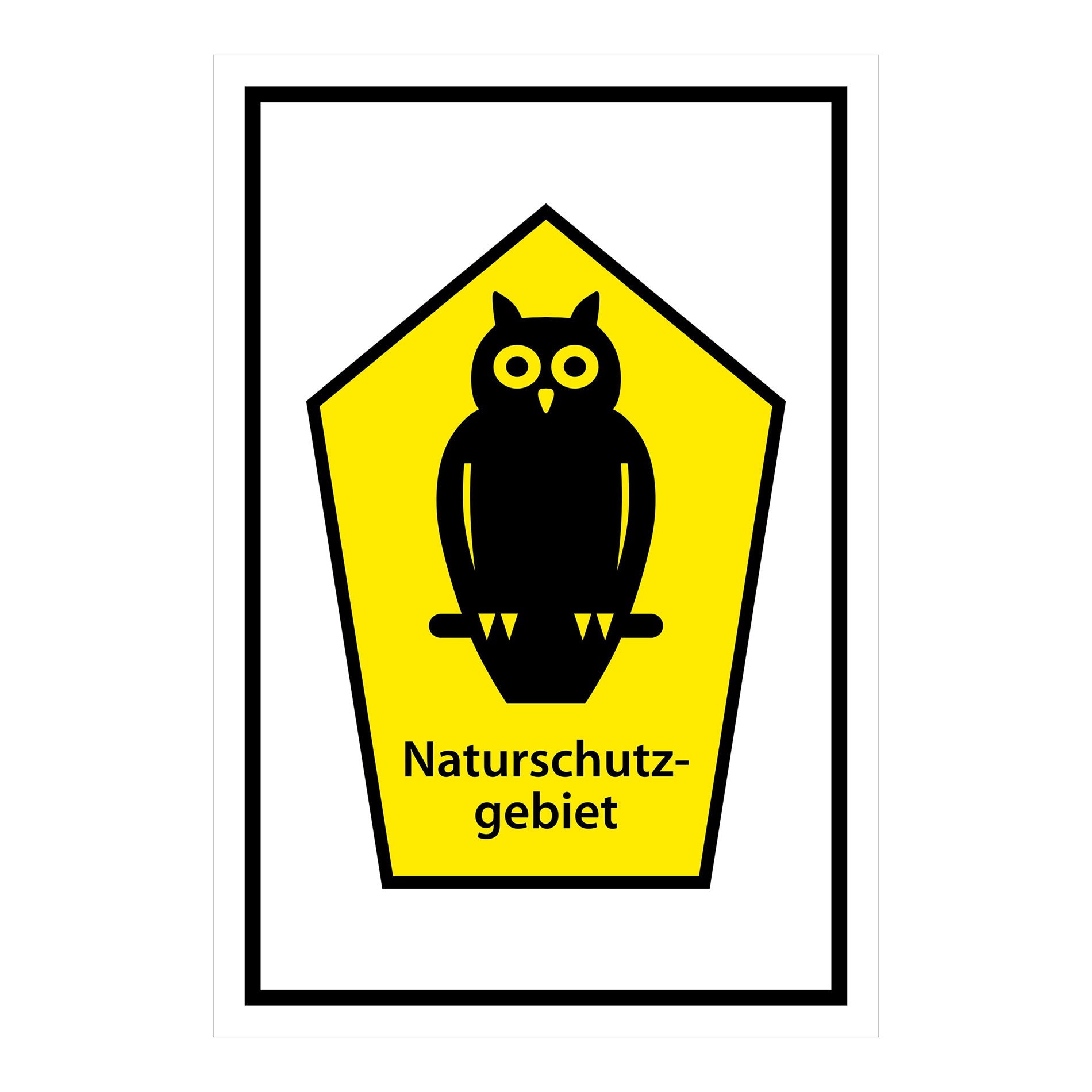Schild Naturschutzgebiet ‚Naturschutzgebiet‘ gelbes Schildmotiv mit schwarzer Eule auf weißem Hintergrund mit schwarzem Rand