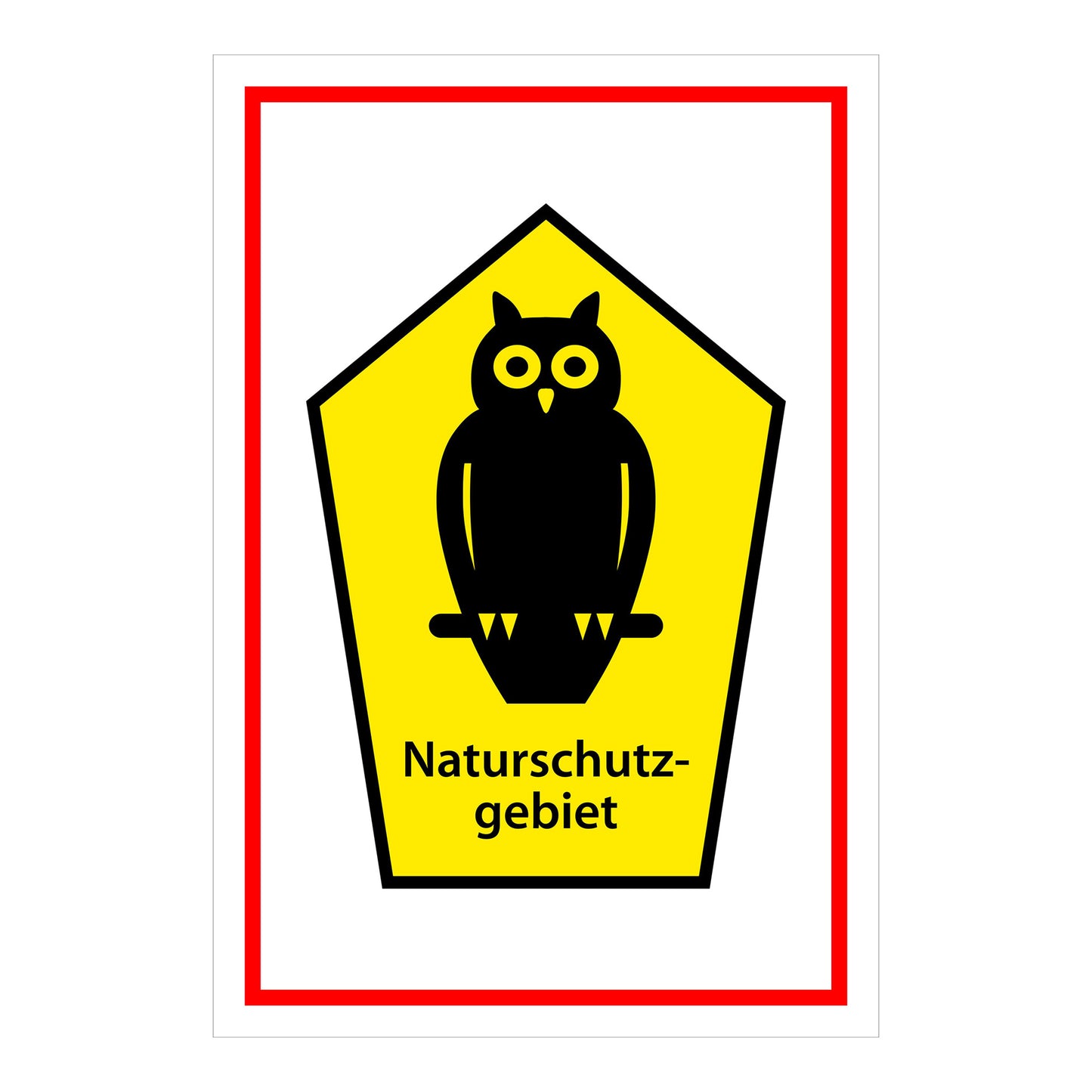 Schild Naturschutzgebiet ‚Naturschutzgebiet‘ gelbes Schildmotiv mit schwarzer Eule auf weißem Hintergrund mit rotem Rand