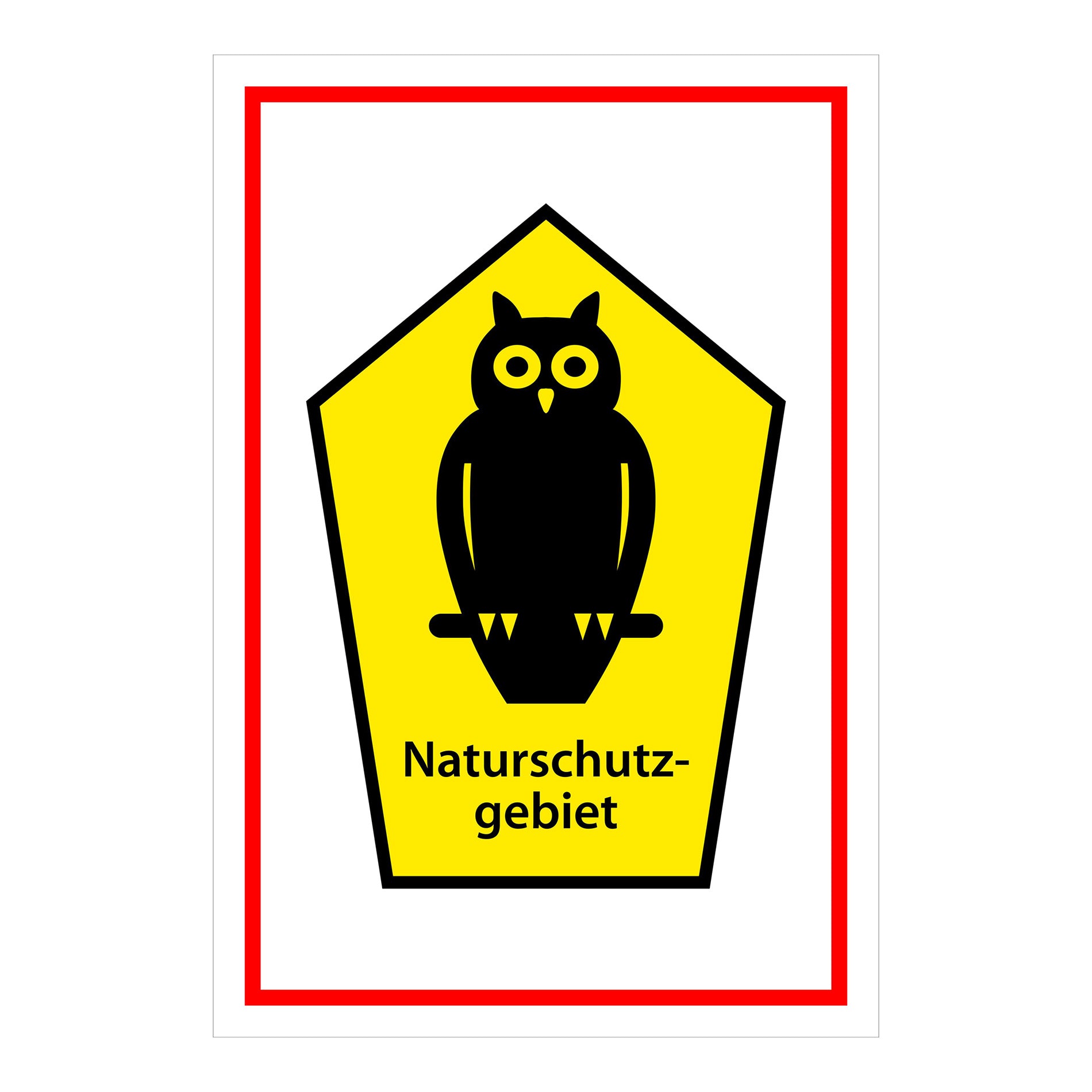 Schild Naturschutzgebiet ‚Naturschutzgebiet‘ gelbes Schildmotiv mit schwarzer Eule auf weißem Hintergrund mit rotem Rand