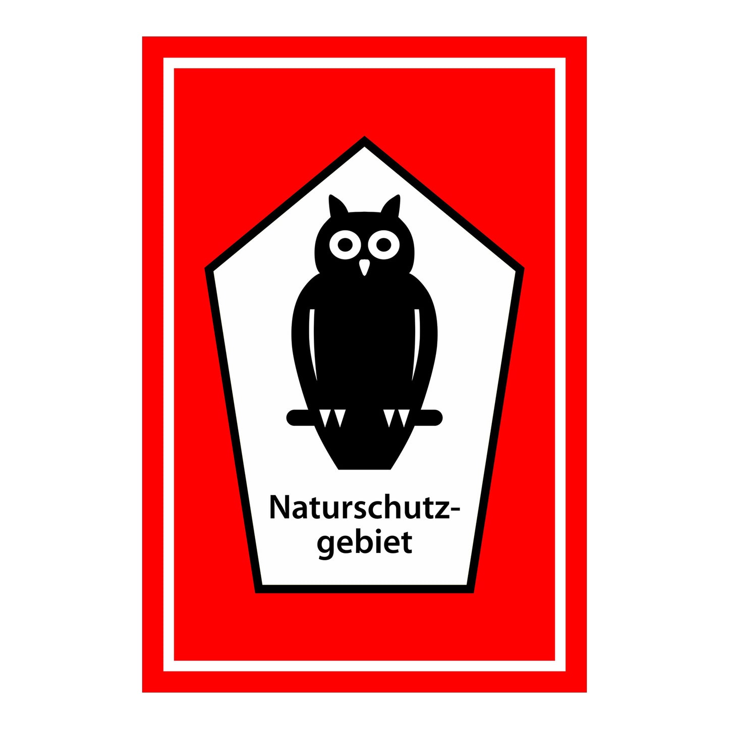 Schild Naturschutzgebiet ‚Naturschutzgebiet‘ weißes Schildmotiv mit schwarzer Eule auf rotem Hintergrund
