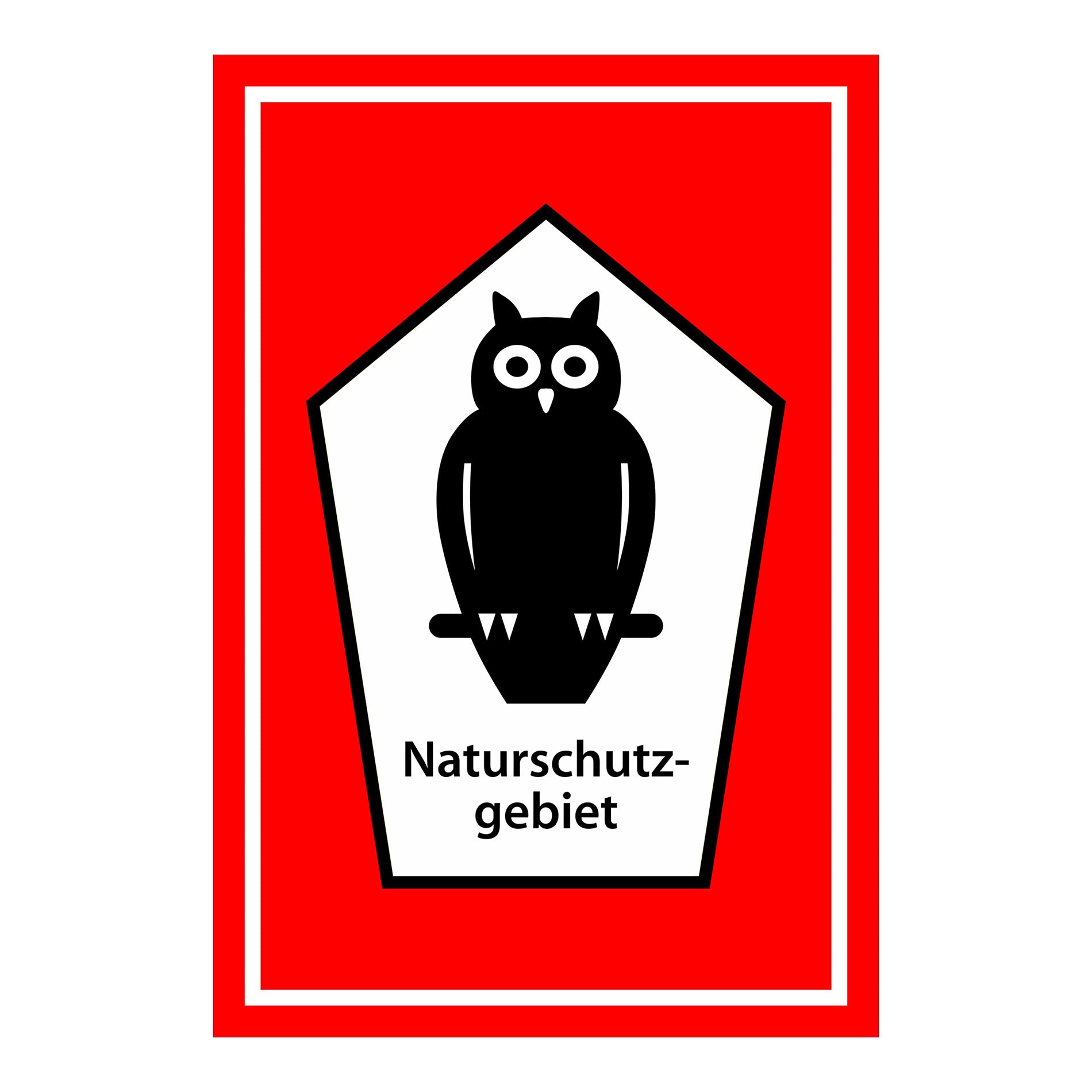 Schild Naturschutzgebiet ‚Naturschutzgebiet‘ weißes Schildmotiv mit schwarzer Eule auf rotem Hintergrund