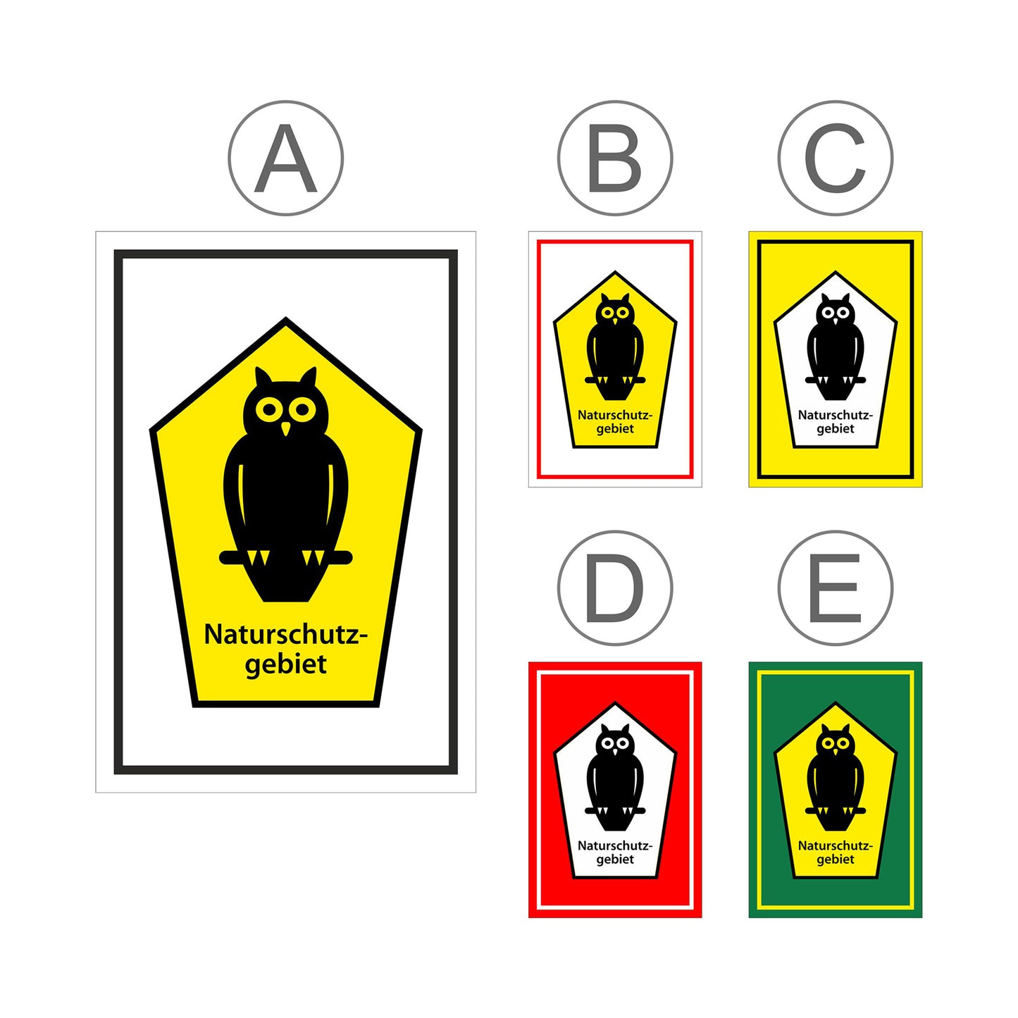 Übersichtsbild Schild Naturschutzgebiet ‚Naturschutzgebiet‘ mit Eulenmotiv und allen verfügbaren Farb- und Materialvarianten