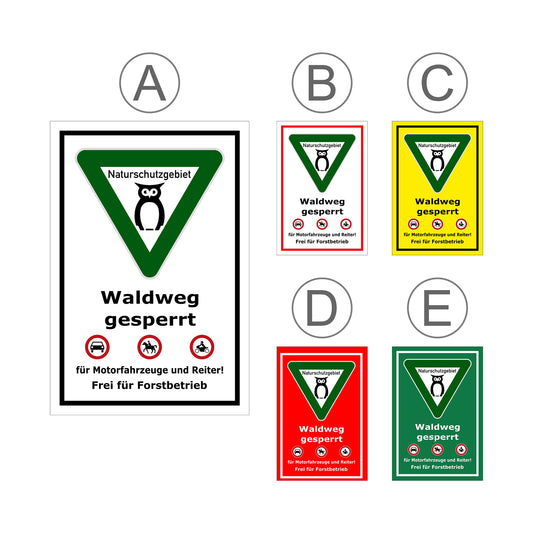 Übersichtsbild Schild Waldweg gesperrt ‚Naturschutzgebiet Waldweg gesperrt Frei für Forstbetrieb‘ mit Farbvarianten