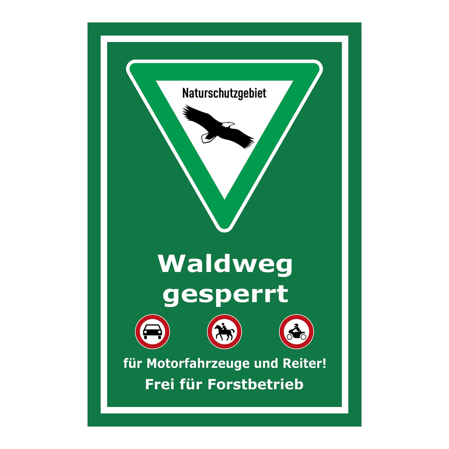 Schild Naturschutzgebiet Waldweg gesperrt in grün mit weißem Textfeld
