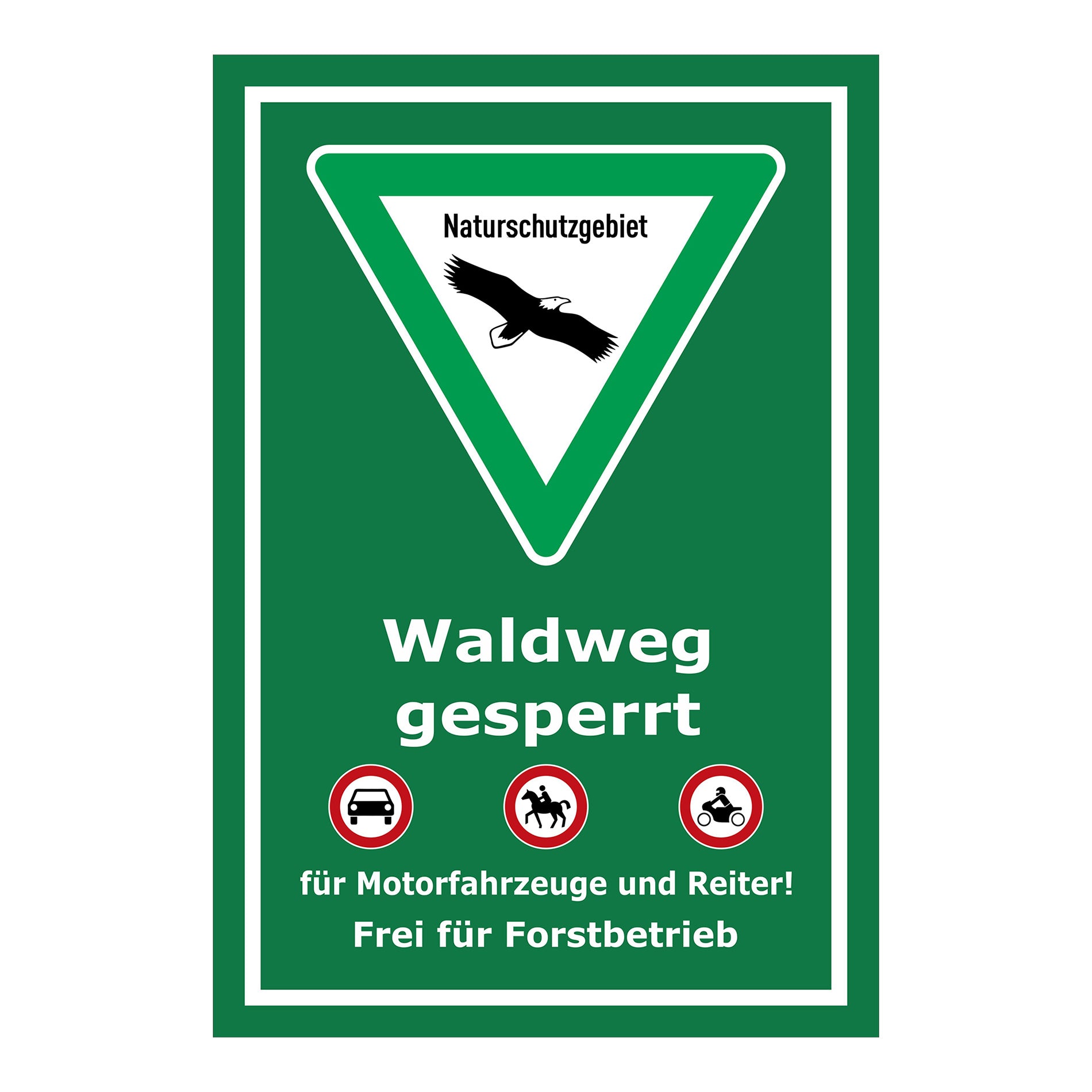 Schild Naturschutzgebiet Waldweg gesperrt in grün mit weißem Textfeld
