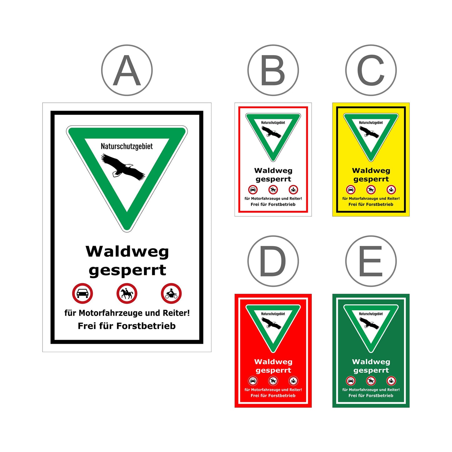 Übersichtsbild Schild Naturschutzgebiet Waldweg gesperrt mit allen verfügbaren Farbvarianten