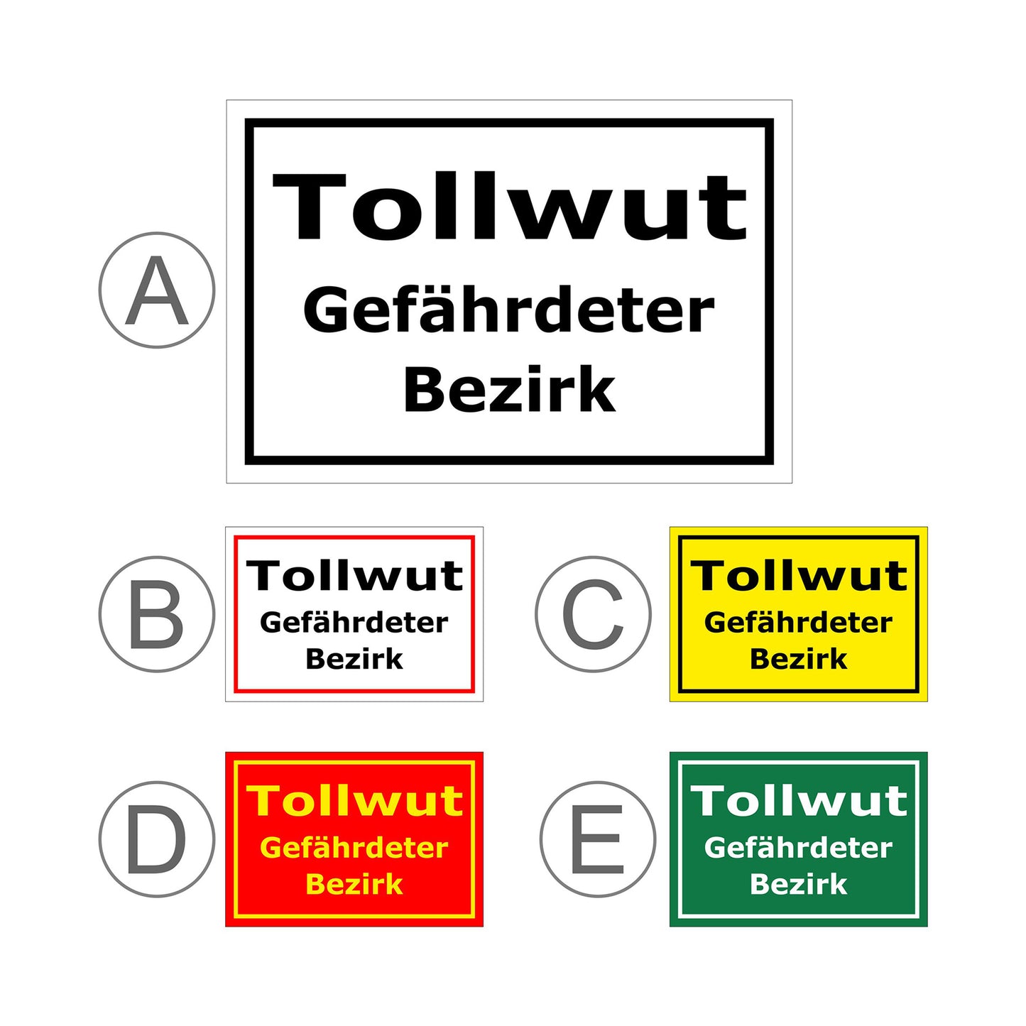 Übersichtsbild Schild Tollwut Gefährdeter Bezirk Hinweisbereich mit allen verfügbaren Farbvarianten