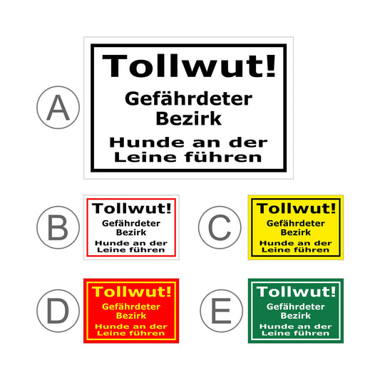 Übersichtsbild Schild Tollwut Gefährdeter Bezirk Hunde an der Leine führen mit allen verfügbaren Farbvarianten