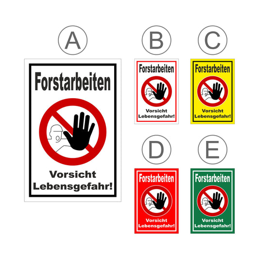Übersichtsbild Schild Forstarbeiten Vorsicht Lebensgefahr! mit allen verfügbaren Farbvarianten