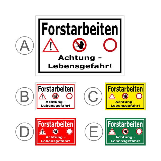 Übersichtsbild Schild Forstarbeiten Achtung Lebensgefahr mit allen verfügbaren Farbvarianten