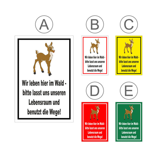 Übersichtsbild Schild Wildtiere Lebensraum Wege benutzen mit allen Farbvarianten