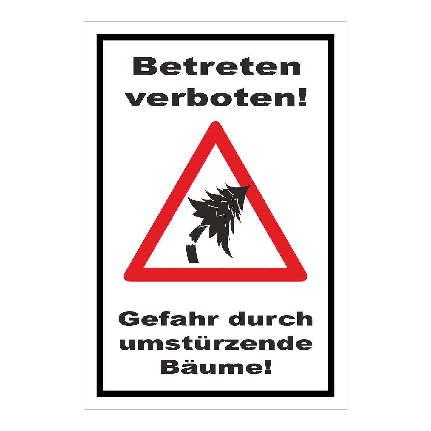 Schild Betreten verboten Gefahr durch umstürzende Bäume in Weiß mit schwarzem Rand und rotem Warnsymbol