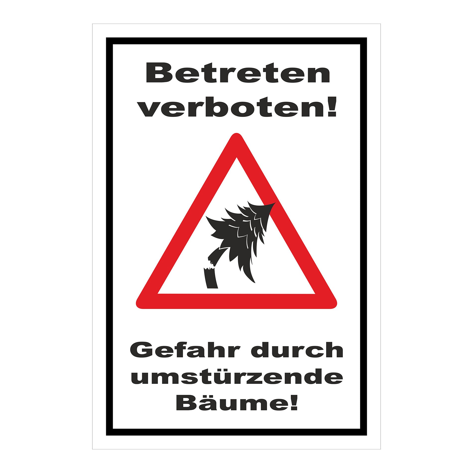 Schild Betreten verboten Gefahr durch umstürzende Bäume in Weiß mit schwarzem Rand und rotem Warnsymbol