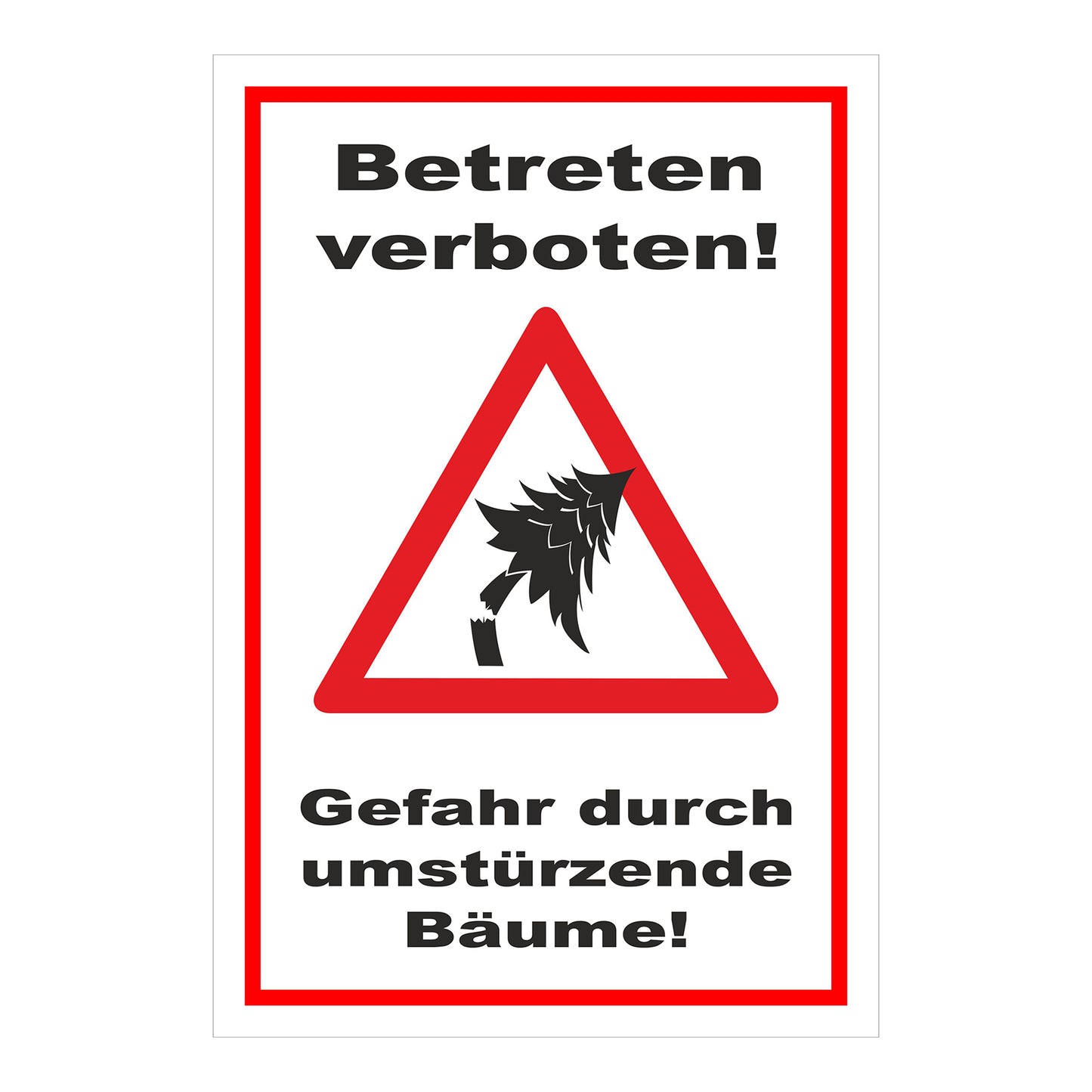 Schild Betreten verboten Gefahr durch umstürzende Bäume in Weiß mit rotem Rand