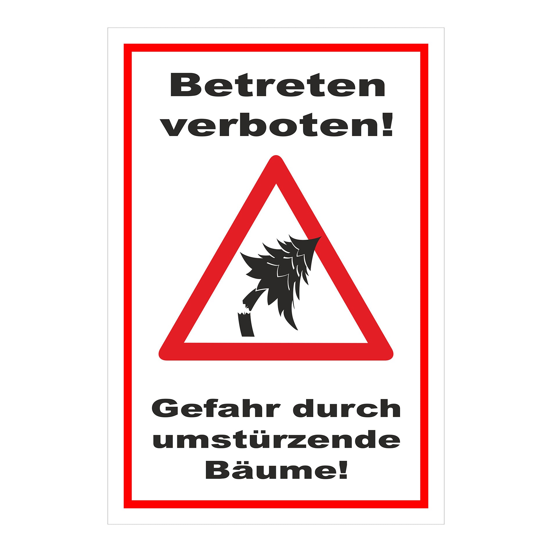 Schild Betreten verboten Gefahr durch umstürzende Bäume in Weiß mit rotem Rand