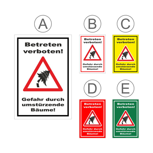 Übersichtsbild Schild Betreten verboten Gefahr durch umstürzende Bäume mit allen verfügbaren Farbvarianten