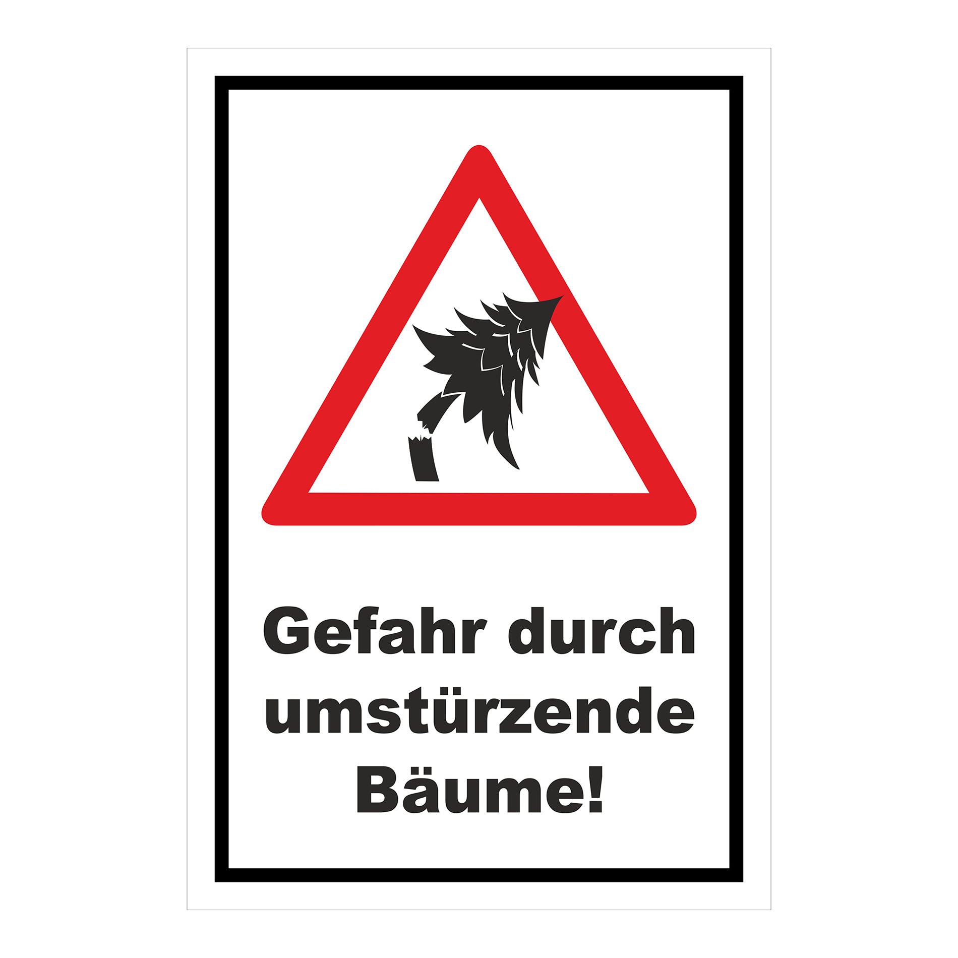 Schild Gefahr durch umstürzende Bäume ‚Gefahr durch umstürzende Bäume!‘ weißer Hintergrund schwarzer Rand