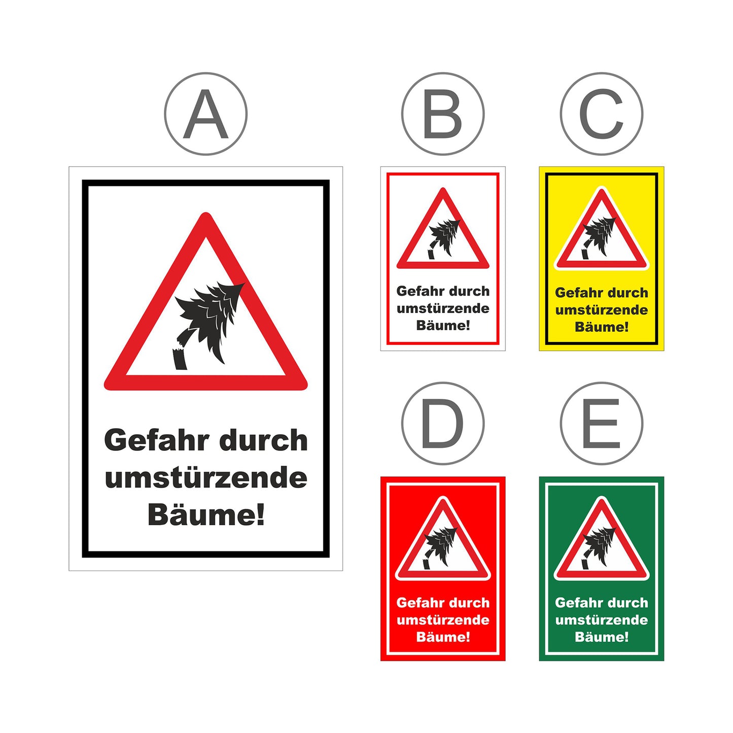 Übersichtsbild Schild Gefahr durch umstürzende Bäume ‚Gefahr durch umstürzende Bäume!‘ mit allen verfügbaren Farbvarianten