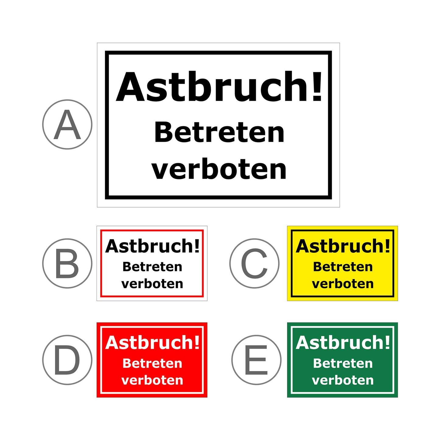 Übersichtsbild Schild Astbruch Betreten verboten mit allen verfügbaren Farbvarianten