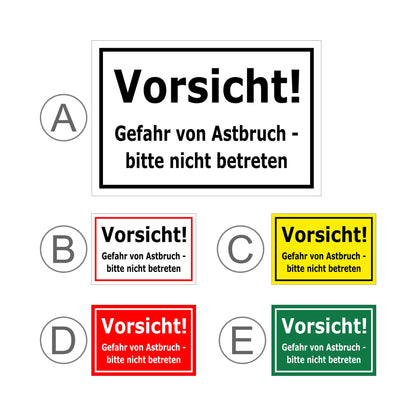 Übersichtsbild Schild Vorsicht Gefahr von Astbruch bitte nicht betreten mit allen verfügbaren Farbvarianten