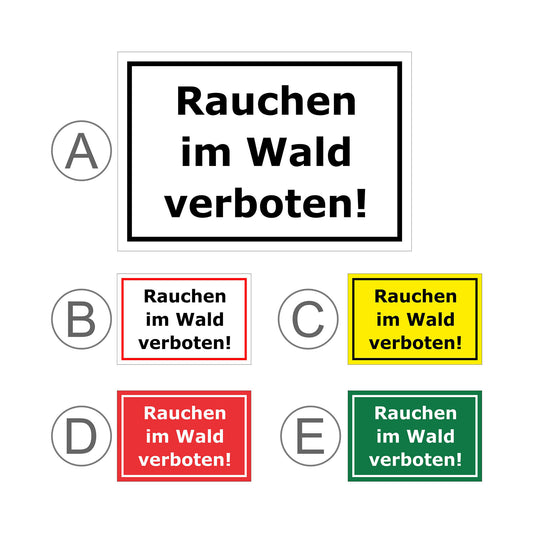 Übersichtsbild Schild Rauchverbot im Wald ‚Rauchen im Wald verboten!‘ mit allen verfügbaren Farbvarianten