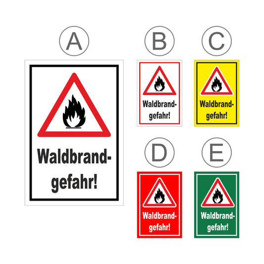Übersichtsbild Schild Waldbrandgefahr Warnhinweis ‚Waldbrand-gefahr!‘ mit allen verfügbaren Farbvarianten