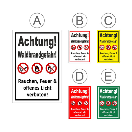 Übersichtsbild Schild Achtung Waldbrandgefahr Rauchen Feuer verboten mit allen verfügbaren Farbvarianten