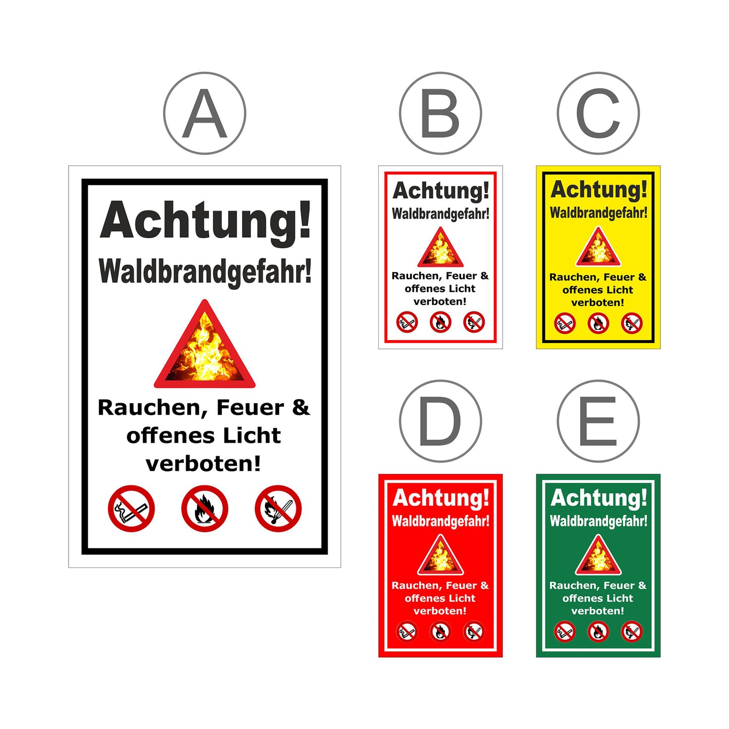 Übersichtsbild Schild Achtung Waldbrandgefahr Rauchen Feuer verboten mit allen verfügbaren Farbvarianten