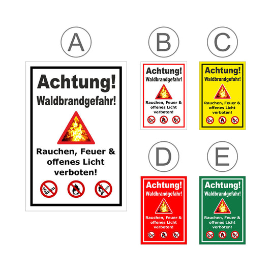 Übersichtsbild Schild Achtung Waldbrandgefahr Rauchen Feuer verboten mit allen verfügbaren Farbvarianten