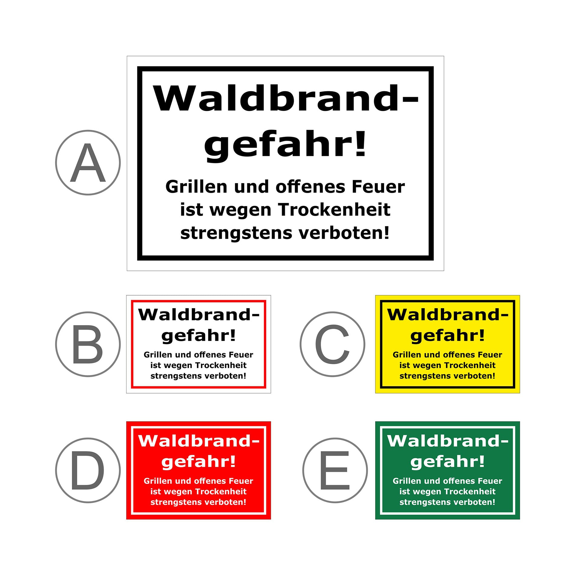 Übersichtsbild Schild Waldbrandgefahr Grillen und offenes Feuer verboten Hinweis mit allen verfügbaren Farbvarianten