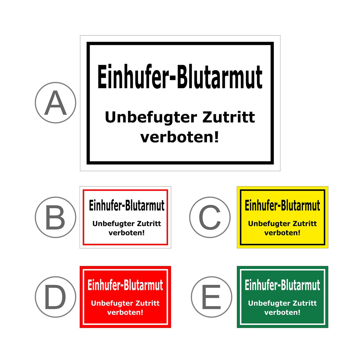 Übersichtsbild Schild Einhufer-Blutarmut ‚Einhufer-Blutarmut Unbefugter Zutritt verboten!‘ mit allen Farbvarianten