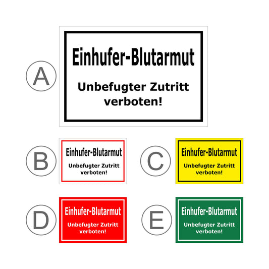 Übersichtsbild Schild Einhufer-Blutarmut ‚Einhufer-Blutarmut Unbefugter Zutritt verboten!‘ mit allen Farbvarianten