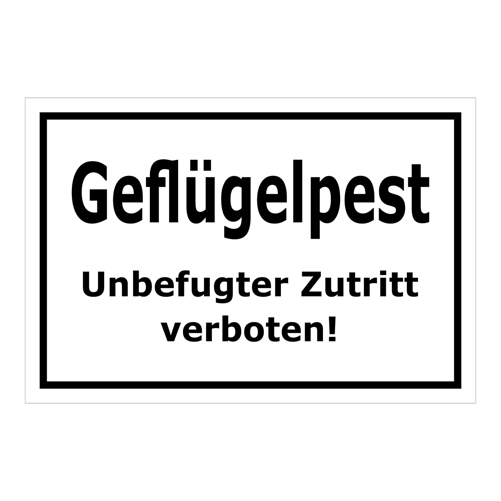 Schild Geflügelpest Unbefugter Zutritt verboten in Weiß mit schwarzem Rand