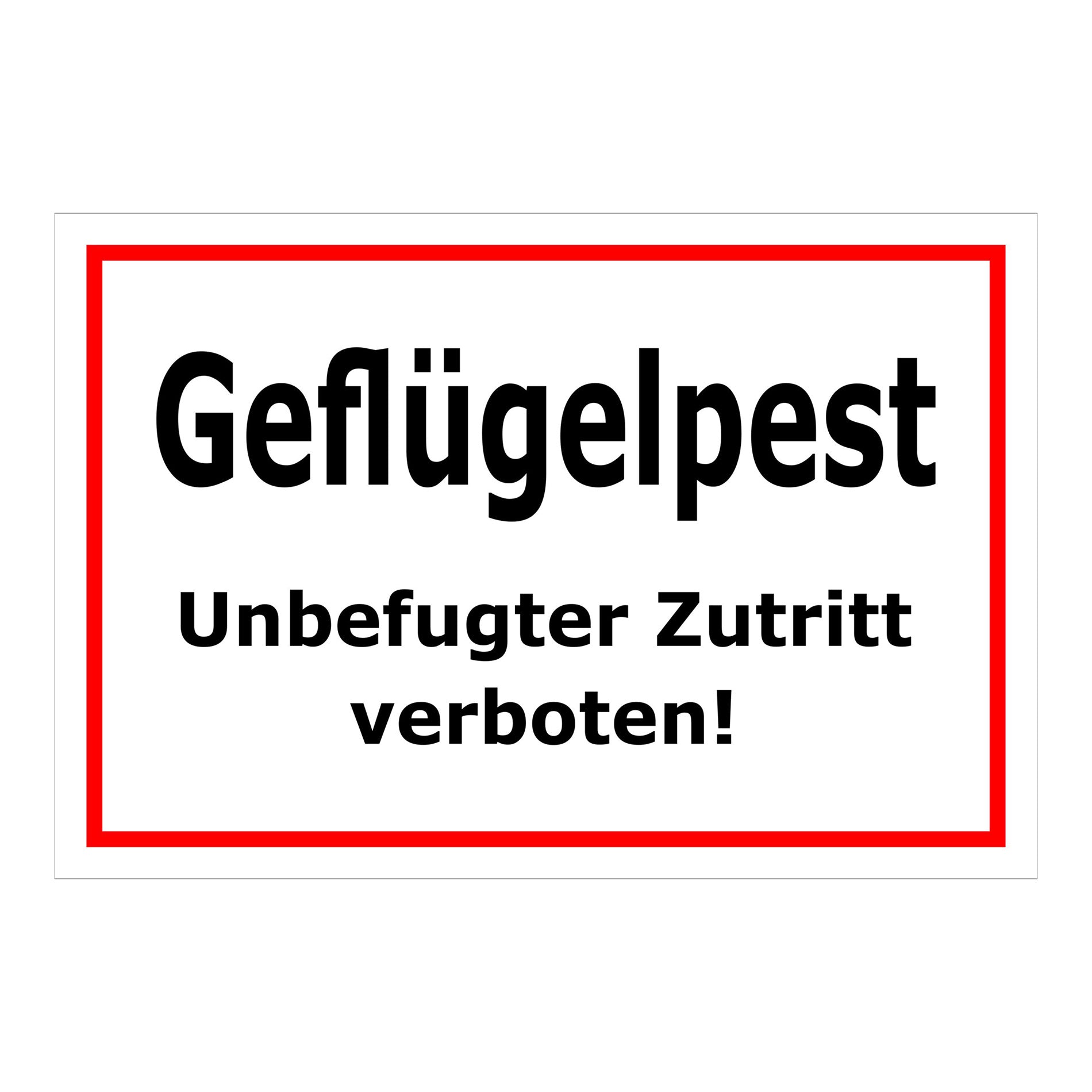 Schild Geflügelpest Unbefugter Zutritt verboten in Weiß mit rotem Rand
