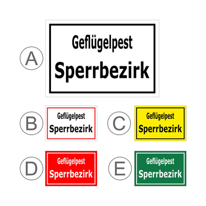 Übersichtsbild Schild Geflügelpest Sperrbezirk ‚Geflügelpest Sperrbezirk‘ mit allen verfügbaren Farbvarianten