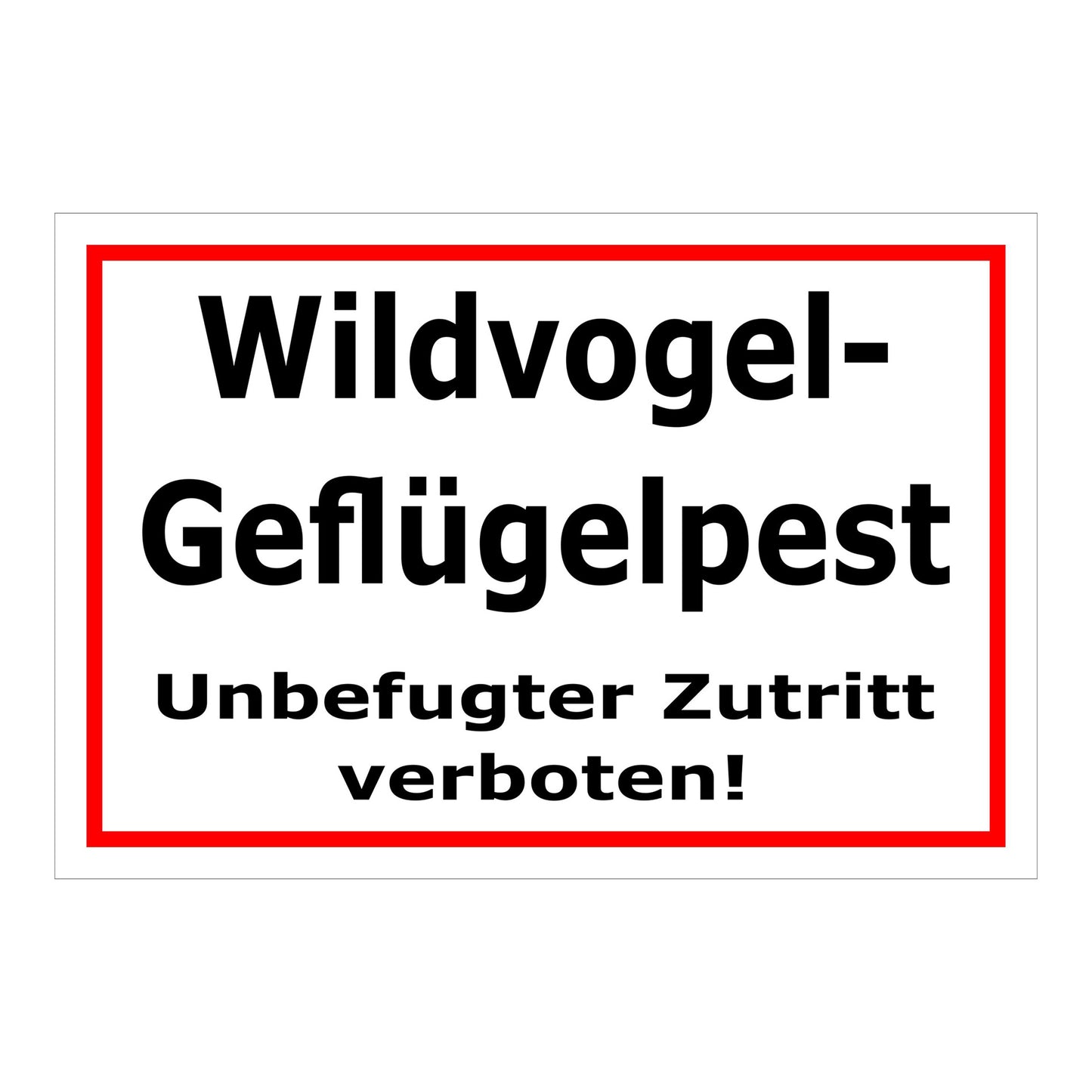 Schild Wildvogel-Geflügelpest Unbefugter Zutritt verboten weißer Hintergrund roter Rahmen