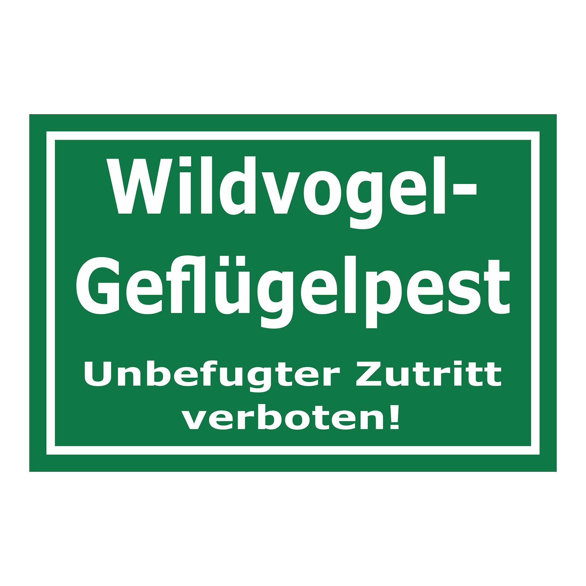 Schild Wildvogel-Geflügelpest Unbefugter Zutritt verboten grüner Hintergrund weiße Schrift