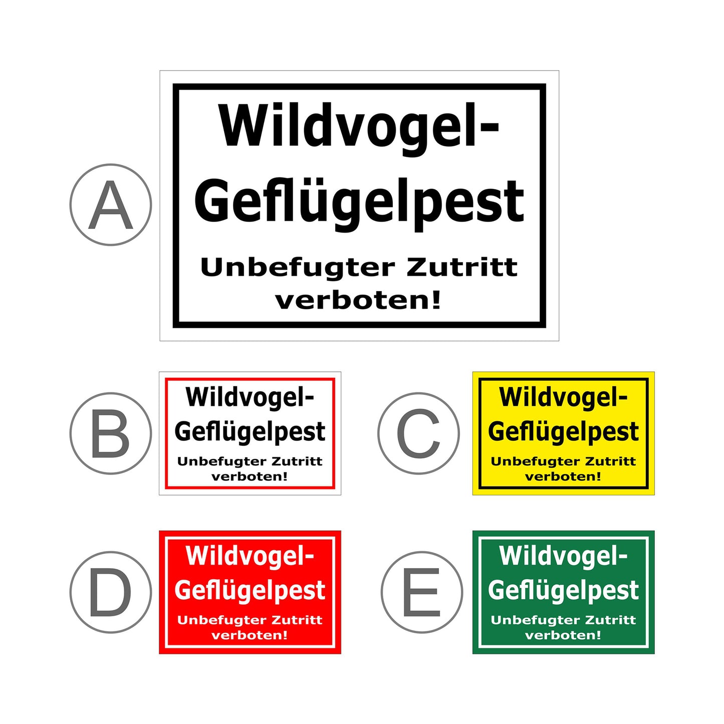 Übersichtsbild Schild Wildvogel-Geflügelpest Unbefugter Zutritt verboten mit allen verfügbaren Farbvarianten