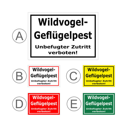 Übersichtsbild Schild Wildvogel-Geflügelpest Unbefugter Zutritt verboten mit allen verfügbaren Farbvarianten