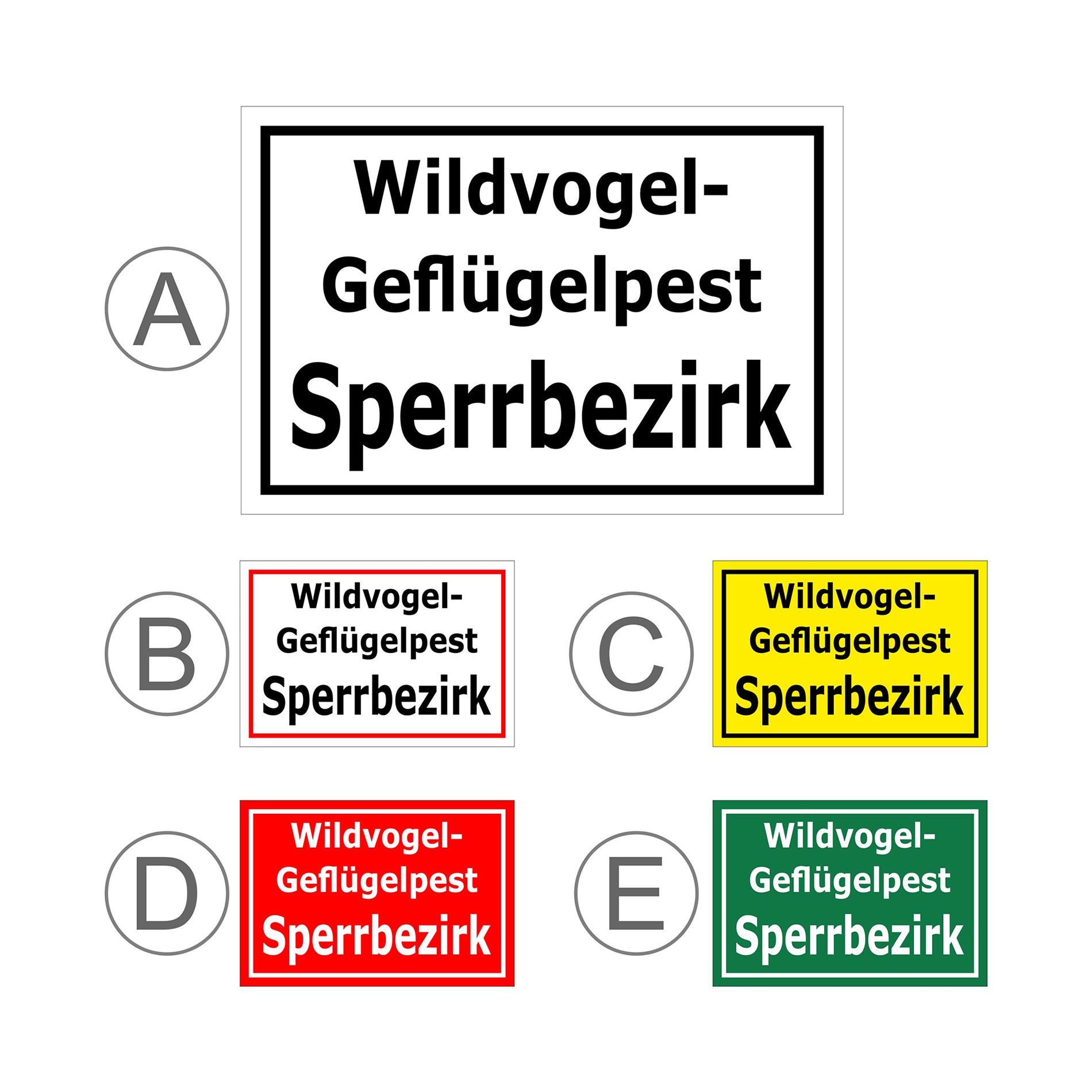 Übersichtsbild Schild Wildvogel-Geflügelpest Sperrbezirk mit allen verfügbaren Farbvarianten