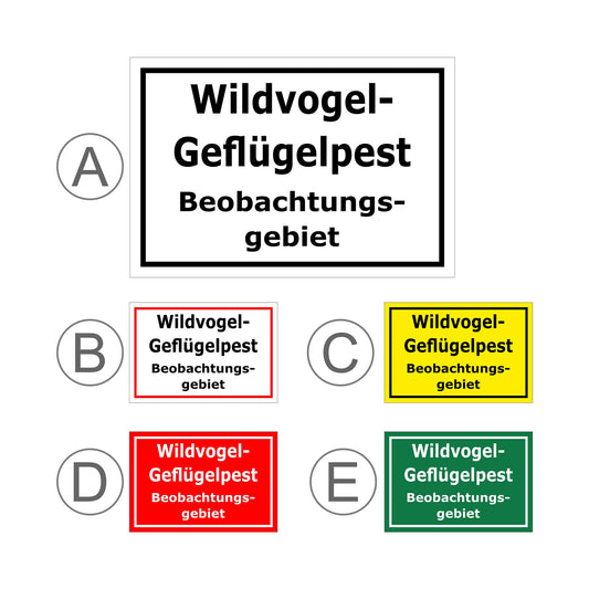 Übersichtsbild Schild Wildvogel-Geflügelpest Beobachtungsgebiet mit allen verfügbaren Farbvarianten