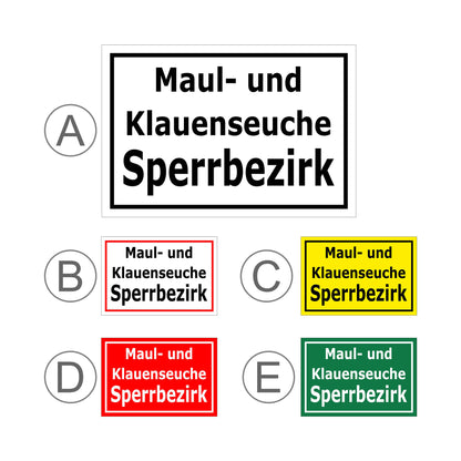 Übersichtsbild Schild Maul- und Klauenseuche Sperrbezirk ‚Maul- und Klauenseuche Sperrbezirk‘ mit allen Farbvarianten