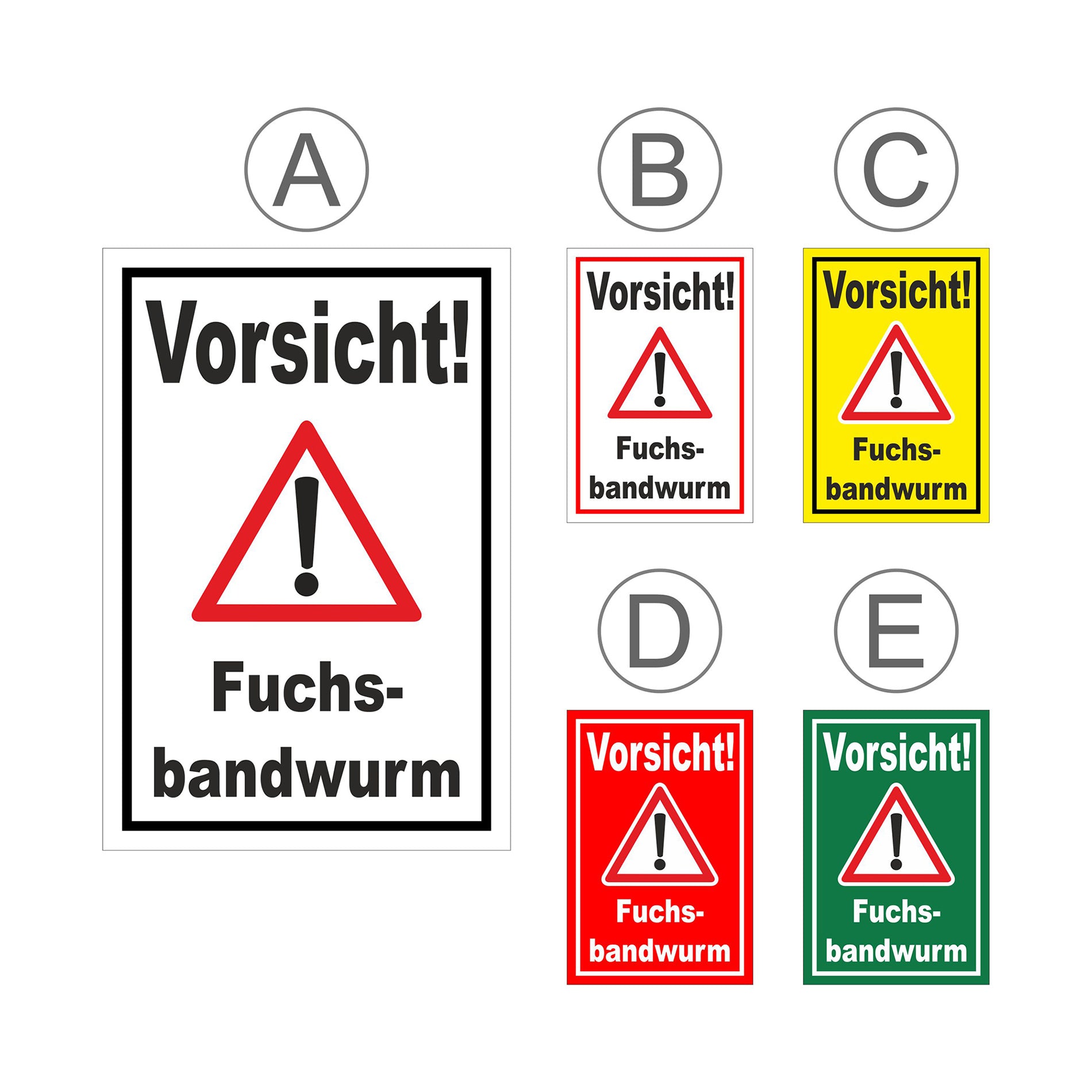 Übersichtsbild Schild Vorsicht Fuchsbandwurm Warnhinweis mit allen verfügbaren Farbvarianten
