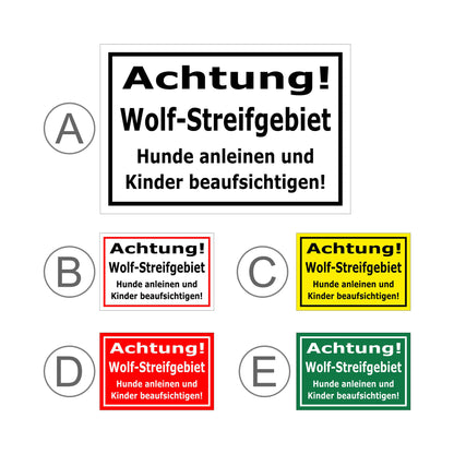 Übersichtsbild Schild Achtung Wolf-Streifgebiet Hunde anleinen Kinder beaufsichtigen mit allen verfügbaren Farbvarianten