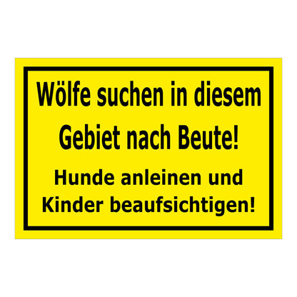Schild Wolfswarnung Hunde anleinen Kinder beaufsichtigen Hinweis gelb mit schwarzem Rand