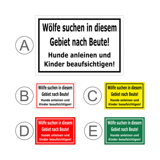 Übersichtsbild Schild Wolfswarnung Hunde anleinen Kinder beaufsichtigen Hinweis mit allen verfügbaren Farbvarianten